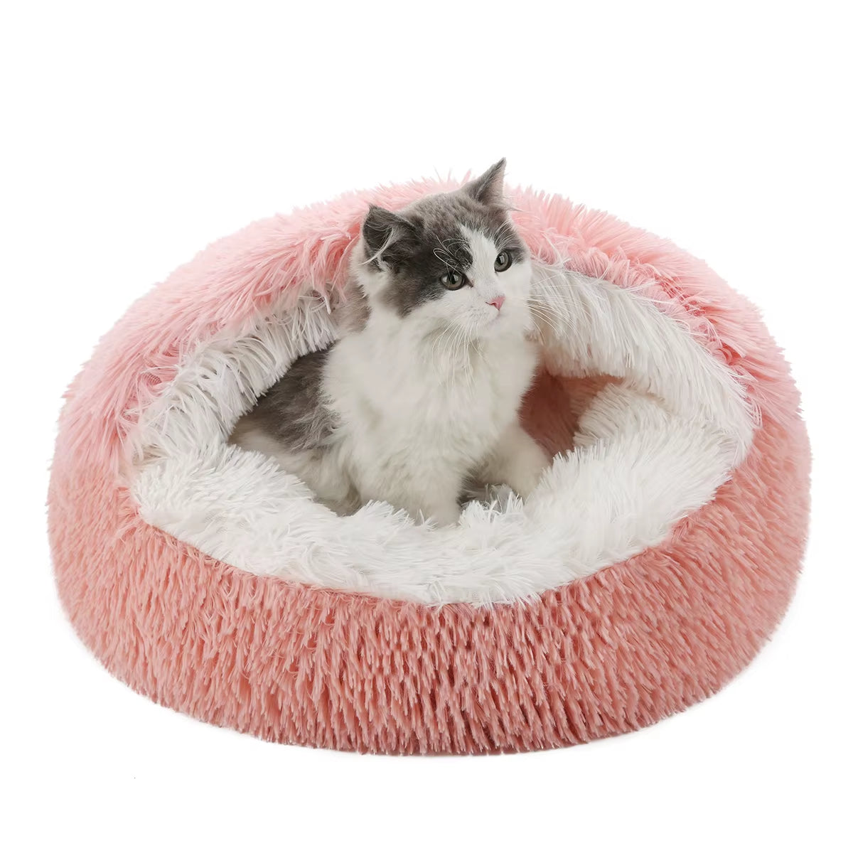 Indulge Your Feline Friend with the Cozy Round Fluffy Hooded Cat Bed - Perfect for Indoor Cats and Small Dogs!