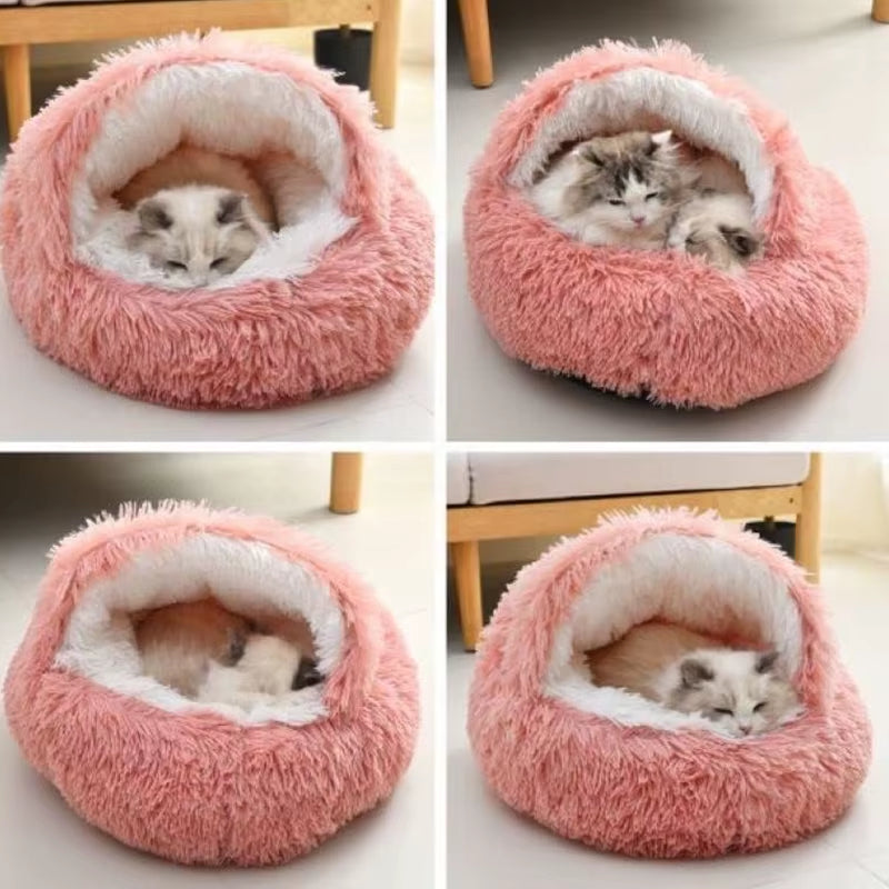 Indulge Your Feline Friend with the Cozy Round Fluffy Hooded Cat Bed - Perfect for Indoor Cats and Small Dogs!