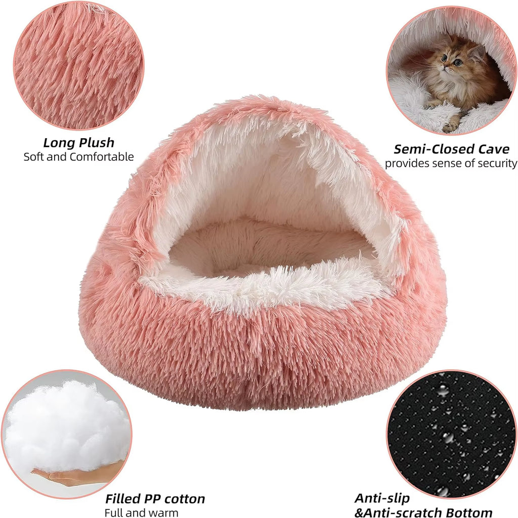 Indulge Your Feline Friend with the Cozy Round Fluffy Hooded Cat Bed - Perfect for Indoor Cats and Small Dogs!