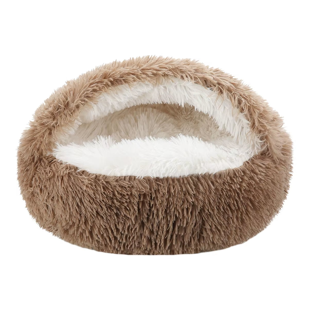 Indulge Your Feline Friend with the Cozy Round Fluffy Hooded Cat Bed - Perfect for Indoor Cats and Small Dogs!