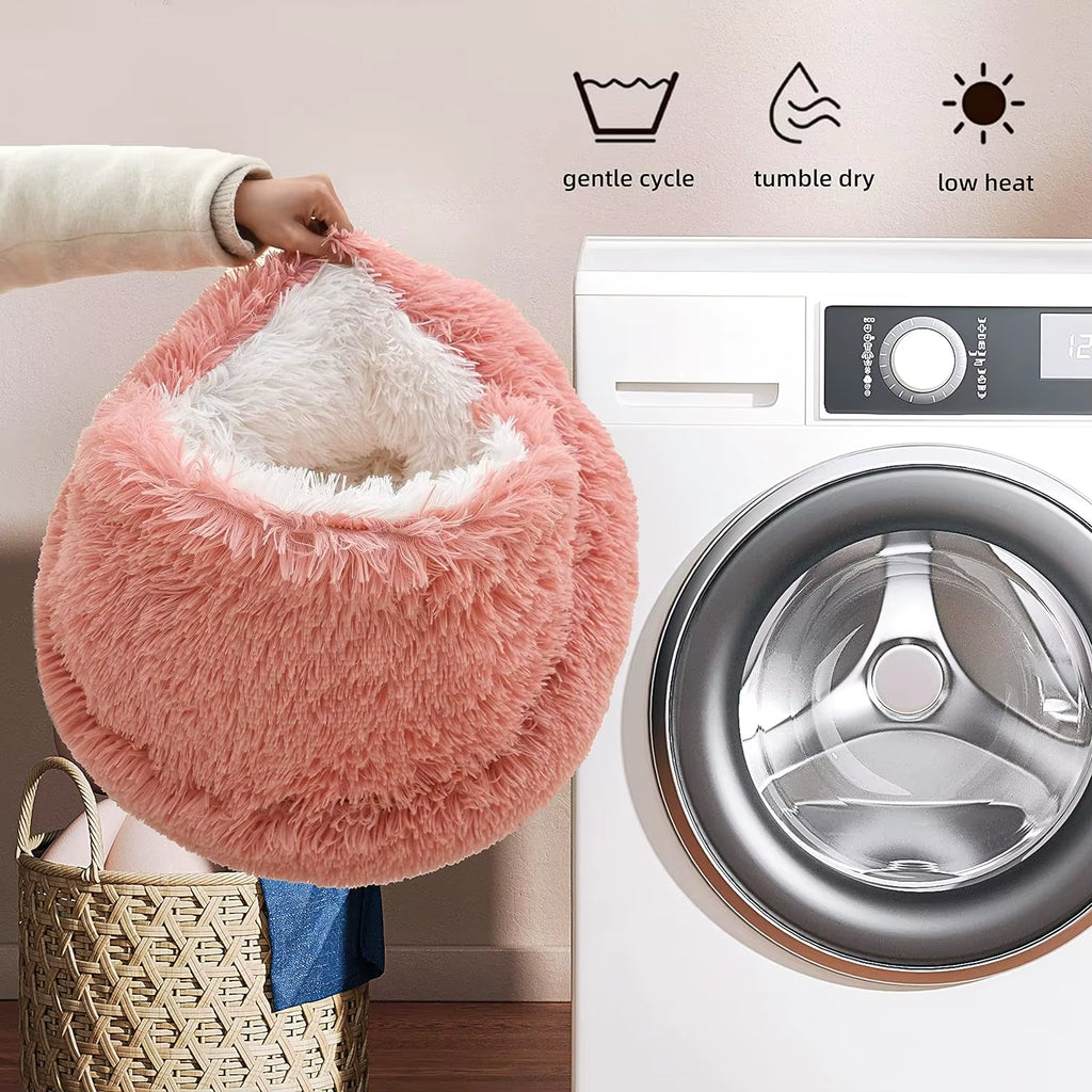 Indulge Your Feline Friend with the Cozy Round Fluffy Hooded Cat Bed - Perfect for Indoor Cats and Small Dogs!