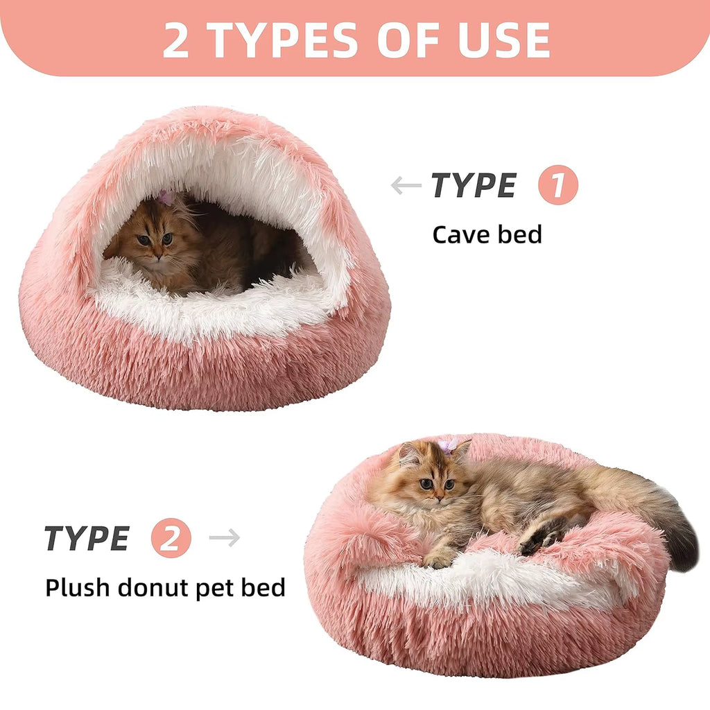 Indulge Your Feline Friend with the Cozy Round Fluffy Hooded Cat Bed - Perfect for Indoor Cats and Small Dogs!
